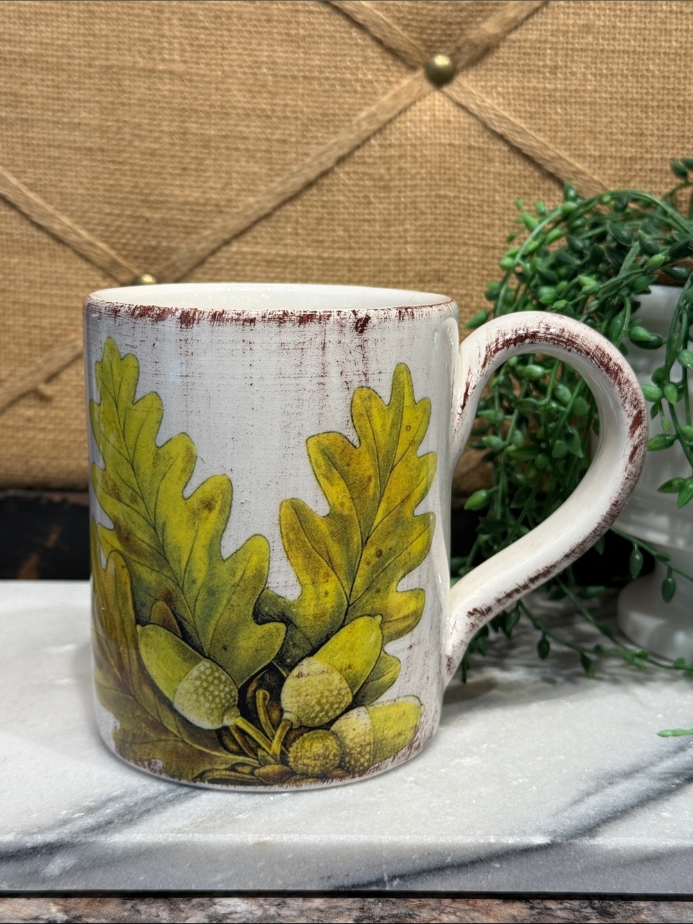 Sur La Table White and Green Oak Acorn Ceramic Mug